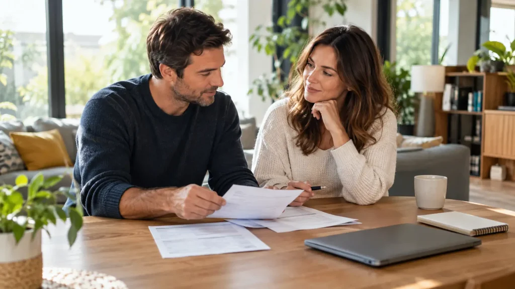 Couple examinant des documents de prévoyance à la maison